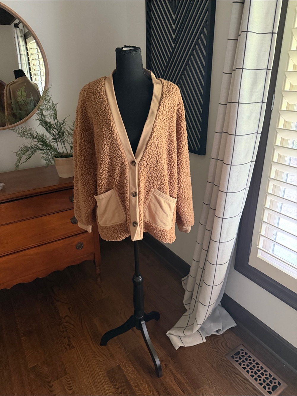 Polagram Teddy Sherpa Button Cardigan in Camel Brown medium